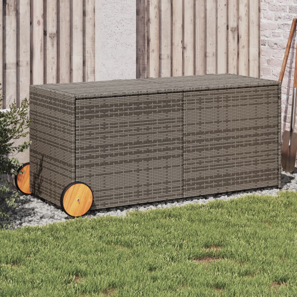 vidaXL Záhradný úložný box s kolieskami sivý 283 l polyratan
