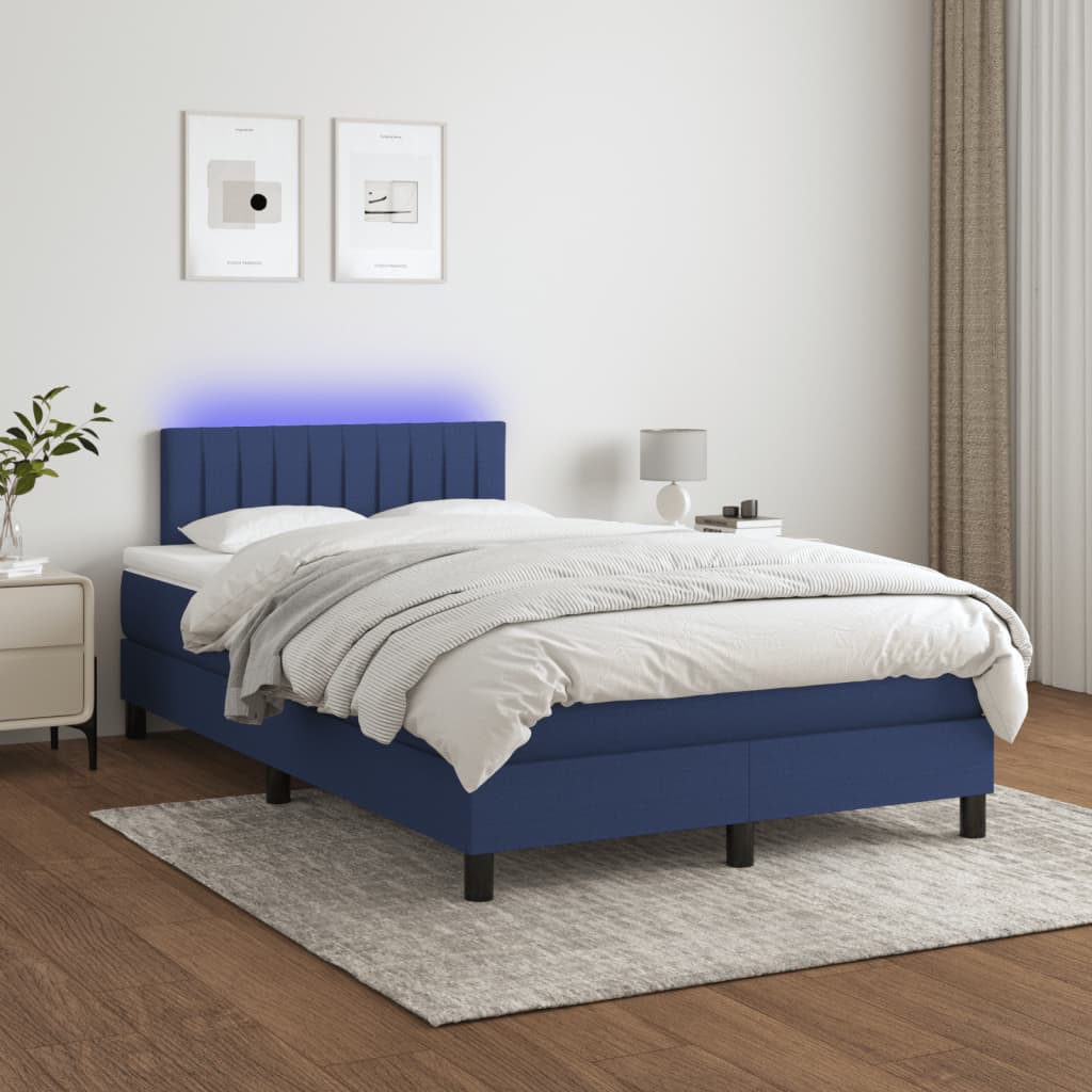 vidaXL Posteľ boxsping s matracom a LED modrá 120x200 cm látka