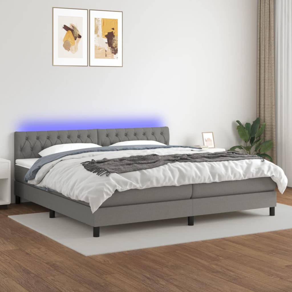 vidaXL Posteľ boxsping s matracom a LED tmavosivá 200x200 cm látka