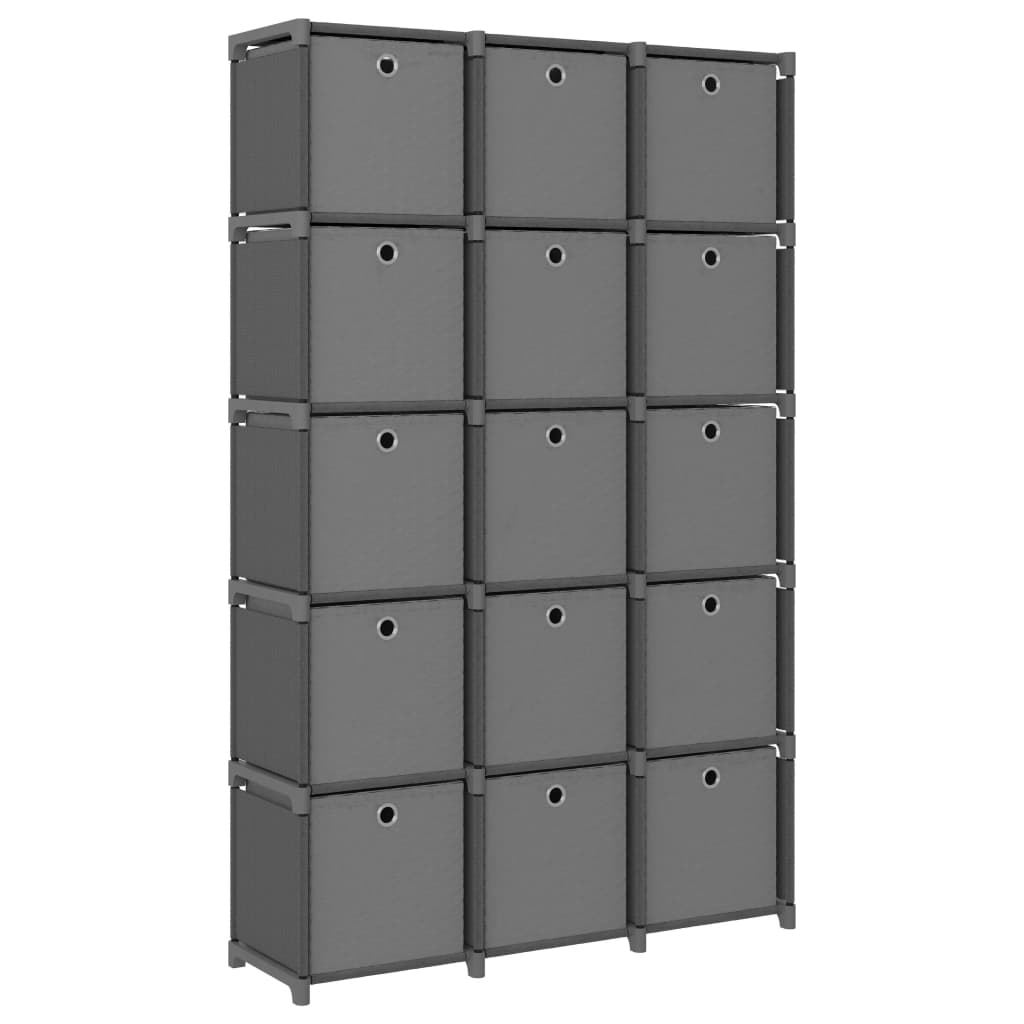 vidaXL Polica s boxmi s dizajnom 15 kociek sivá 103x30x175,5 cm látka