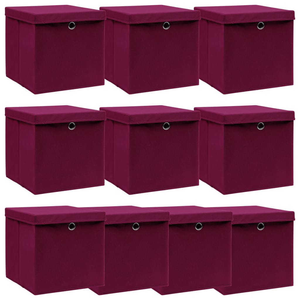 vidaXL Úložné boxy s vekom 10 ks, tmavočervené 32x32x32 cm, látka