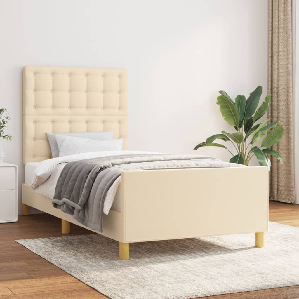 vidaXL Posteľný rám s čelom krémový 90x190 cm látka