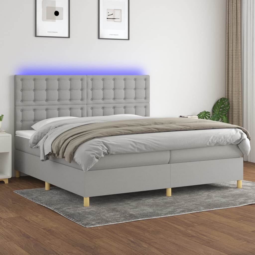 vidaXL Posteľ boxsping s matracom a LED bledosivá 200x200 cm látka