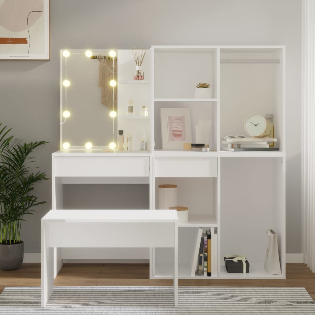 vidaXL Sada toaletného stolíka s LED biela spracované drevo
