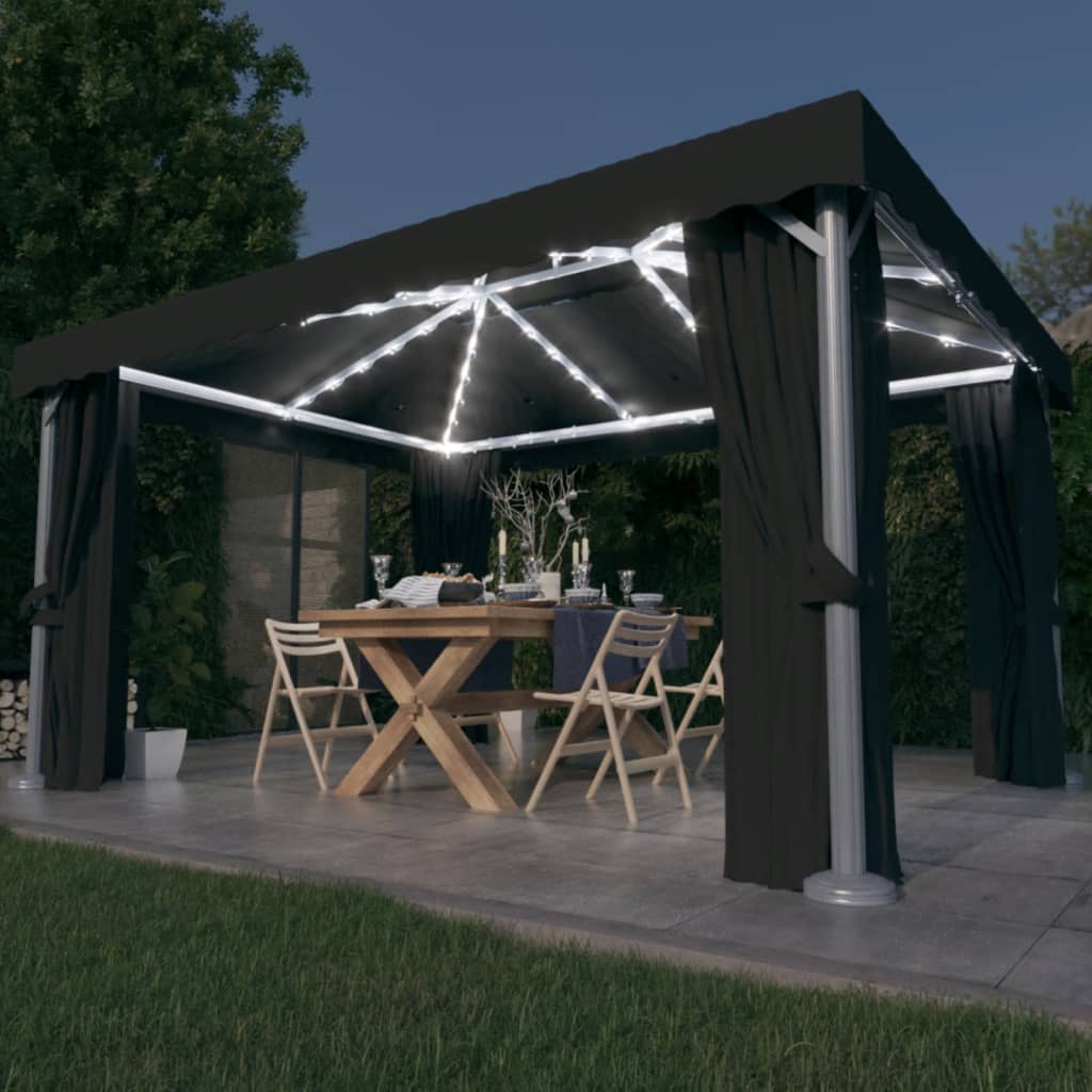 vidaXL Altánok so závesom a LED reťazou 4x3 m, antracitový
