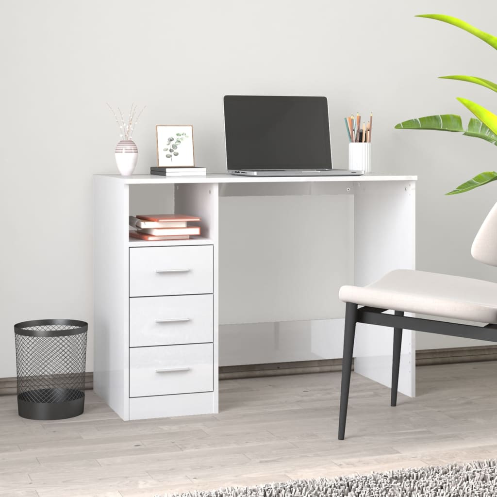 vidaXL Stolík so zásuvkami lesklý biely 102x50x76 cm spracované drevo