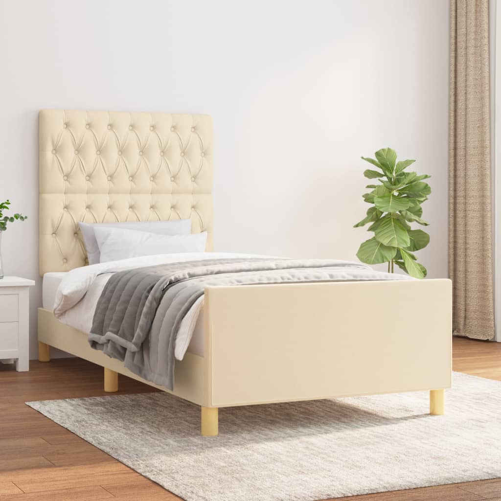 vidaXL Posteľný rám s čelom krémový 100x200 cm látka