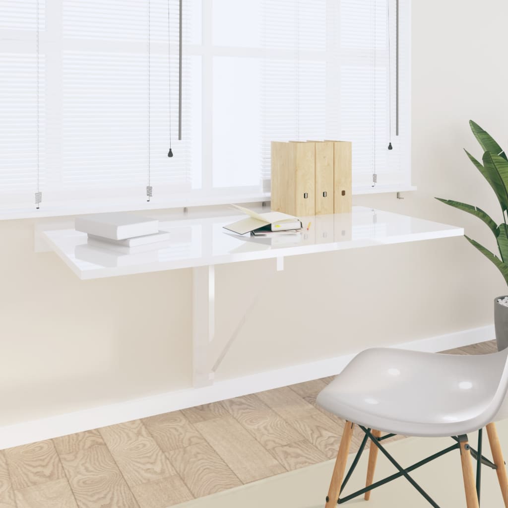 vidaXL Skladací nástenný stôl lesklý biely 100x60x56 cm spracov. drevo