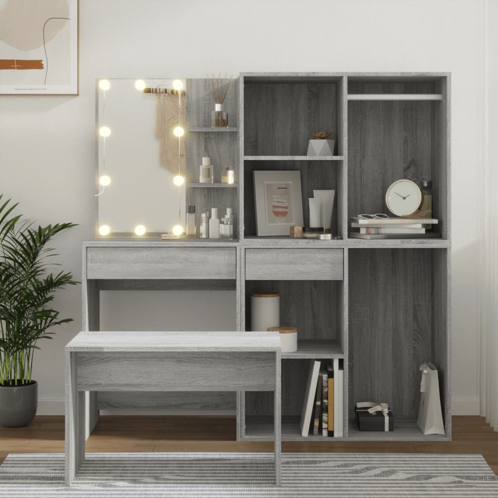 vidaXL Sada toaletného stolíka s LED sivý dub sonoma spracované drevo