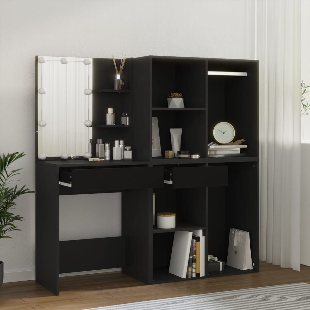 vidaXL Toaletný stolík s LED a skrinkami čierny kompozitné drevo