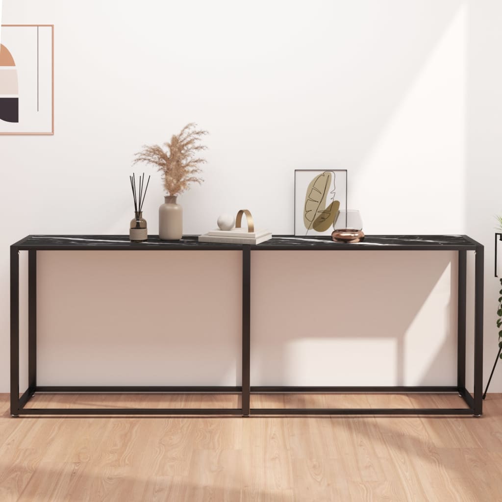 vidaXL Konzolový stolík čierny mramor 220x35x75,5 cm tvrdené sklo