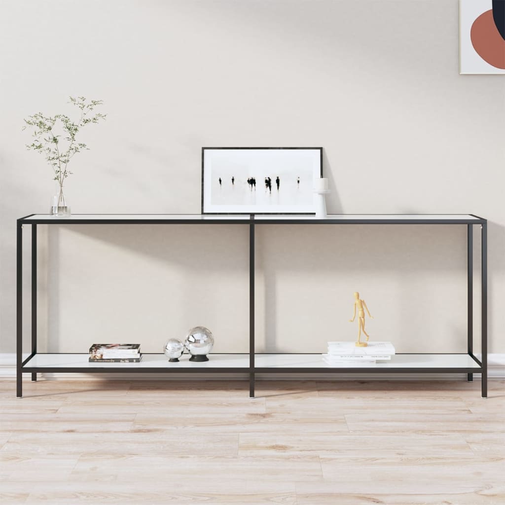 vidaXL Konzolový stolík biely 200x35x75,5 cm tvrdené sklo