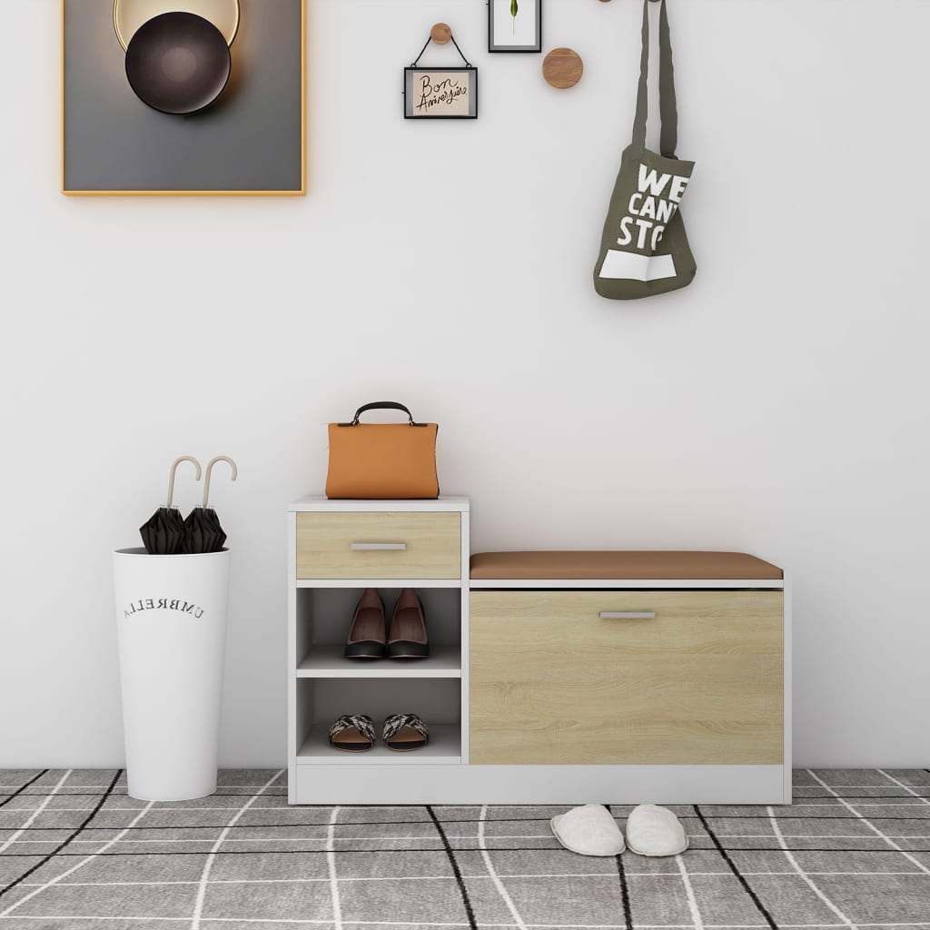 vidaXL Lavica na topánky biela a dub sonoma 94,5x31x57 cm drevotrieska