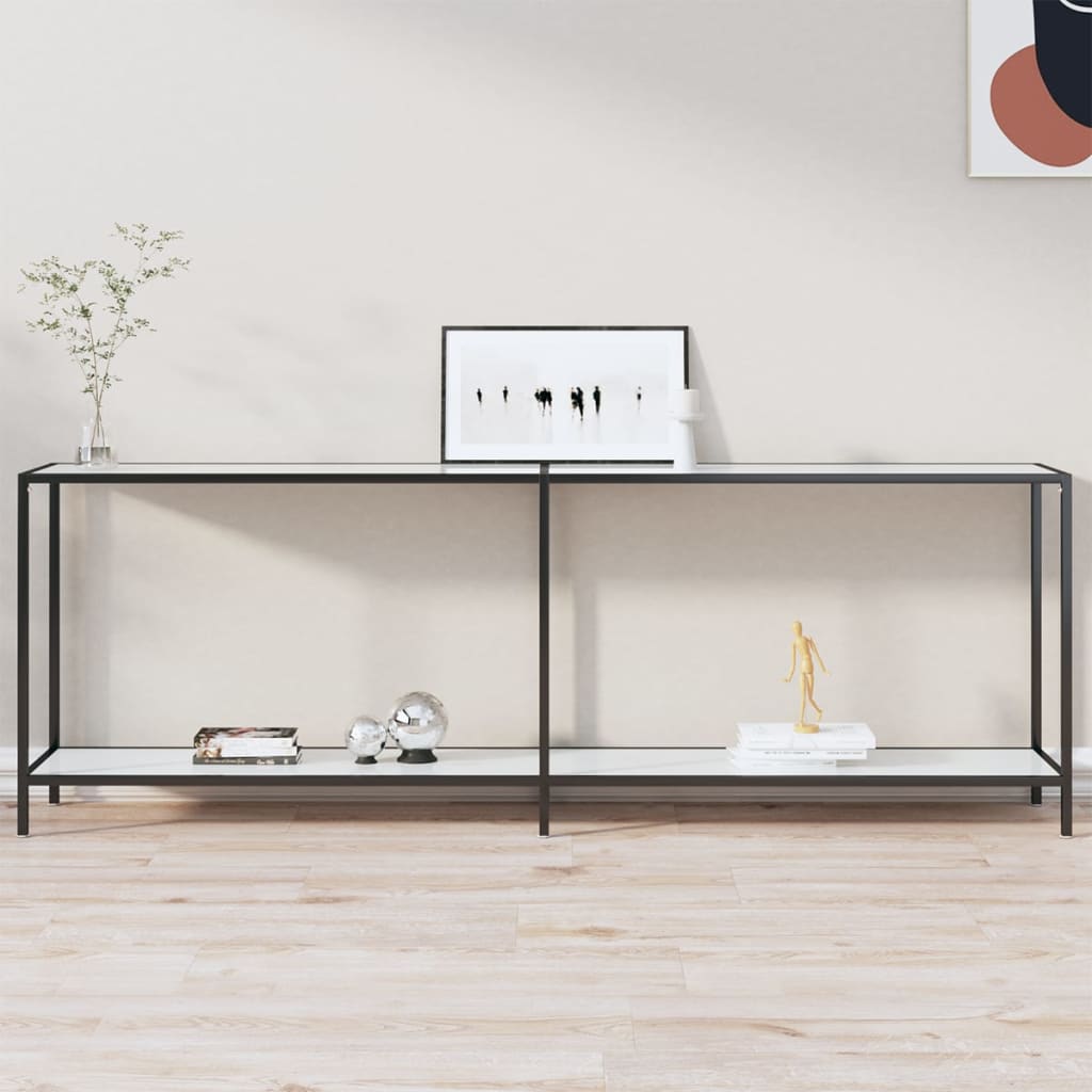vidaXL Konzolový stolík biely 220x35x75,5 cm tvrdené sklo