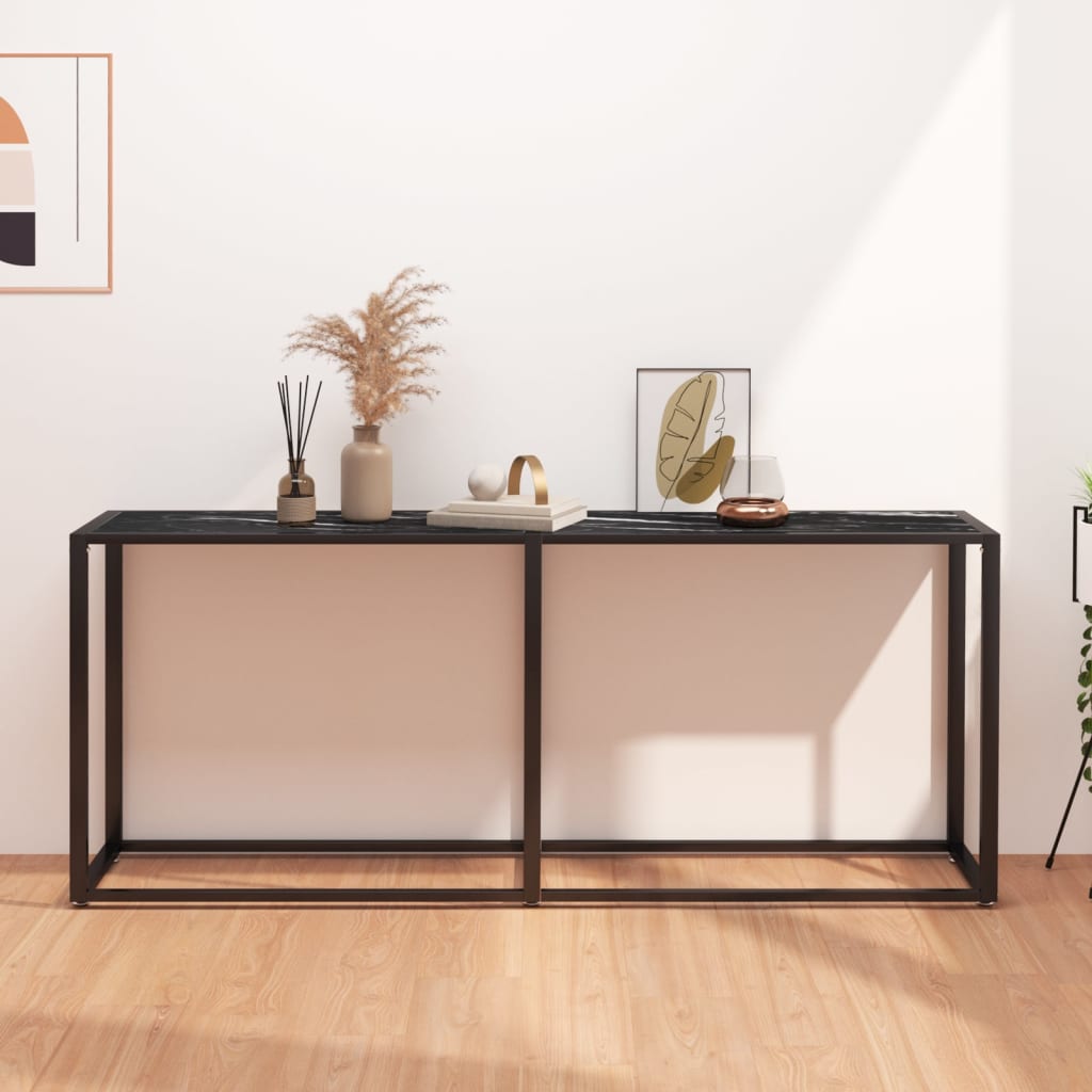 vidaXL Konzolový stolík čierny mramor 180x35x75,5 cm tvrdené sklo