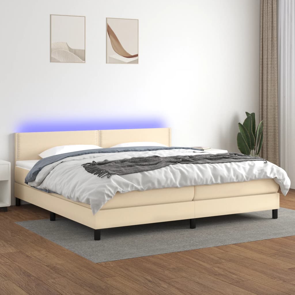 vidaXL Posteľ boxsping s matracom a LED krémová 200x200 cm látka