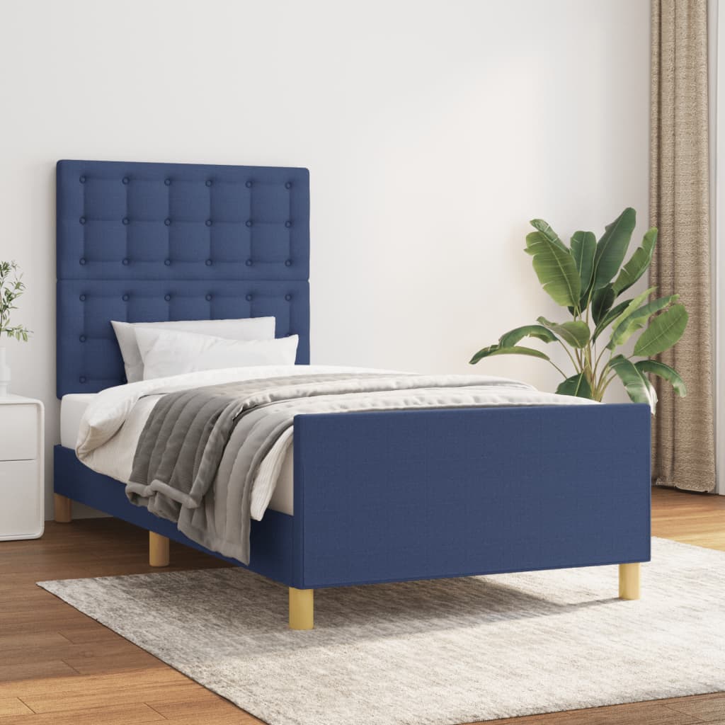 vidaXL Posteľný rám s čelom modrý 90x200 cm látka
