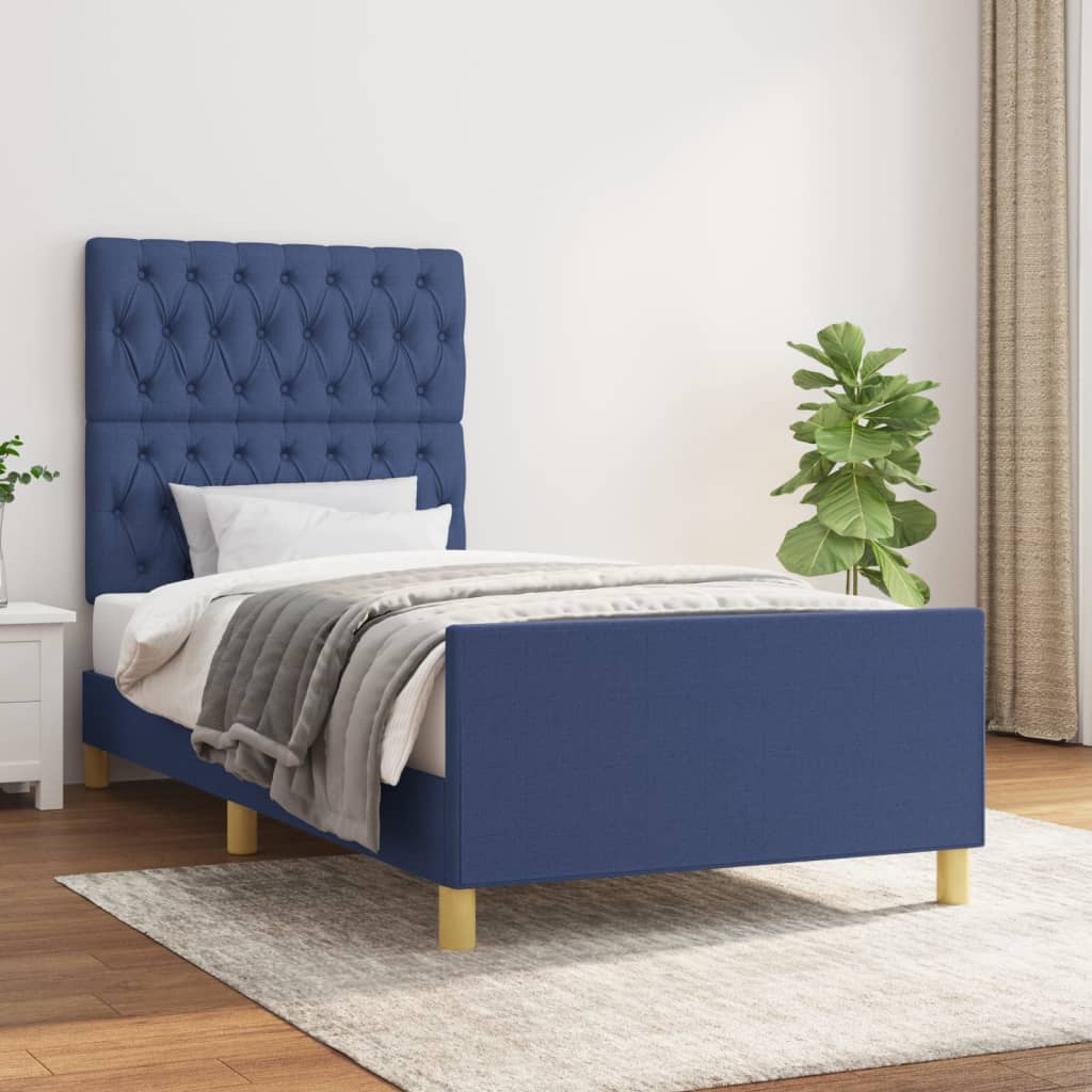 vidaXL Posteľný rám s čelom modrý 90x200 cm látka