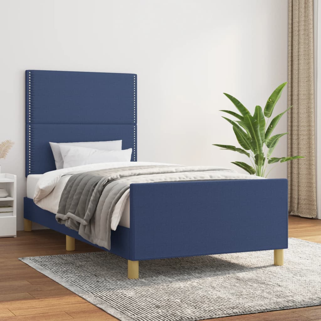 vidaXL Posteľný rám s čelom modrý 90x200 cm látka