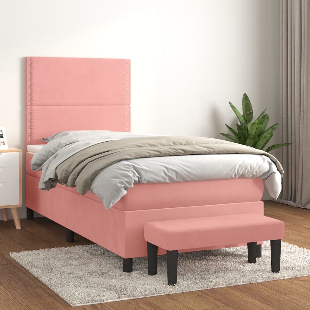 vidaXL Posteľný rám boxsping s matracom ružový 90x200 cm zamat