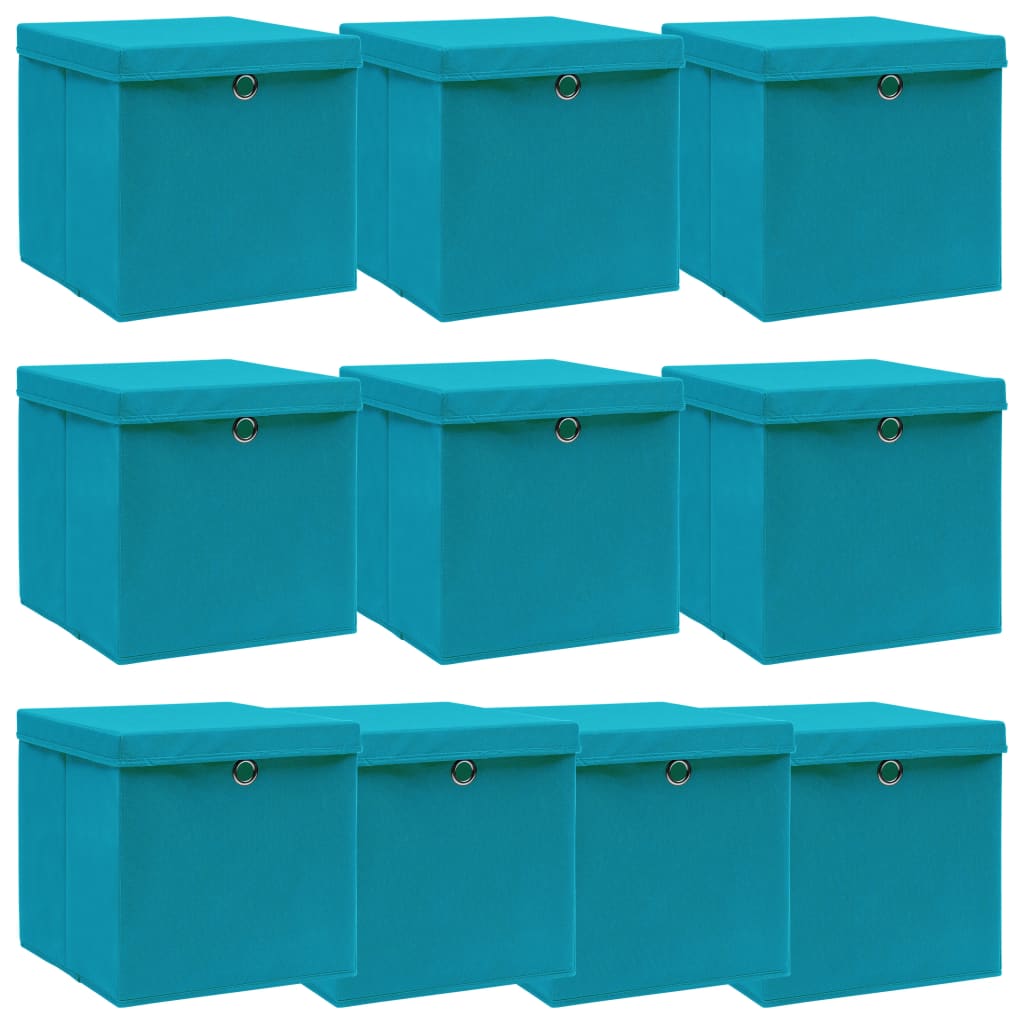 vidaXL Úložné boxy s vekom 10 ks, svetlomodré 32x32x32 cm, látka