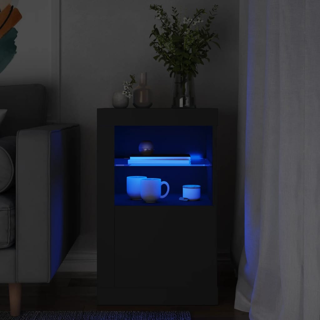 vidaXL Bočná skrinka s LED svetlami čierna kompozitné drevo