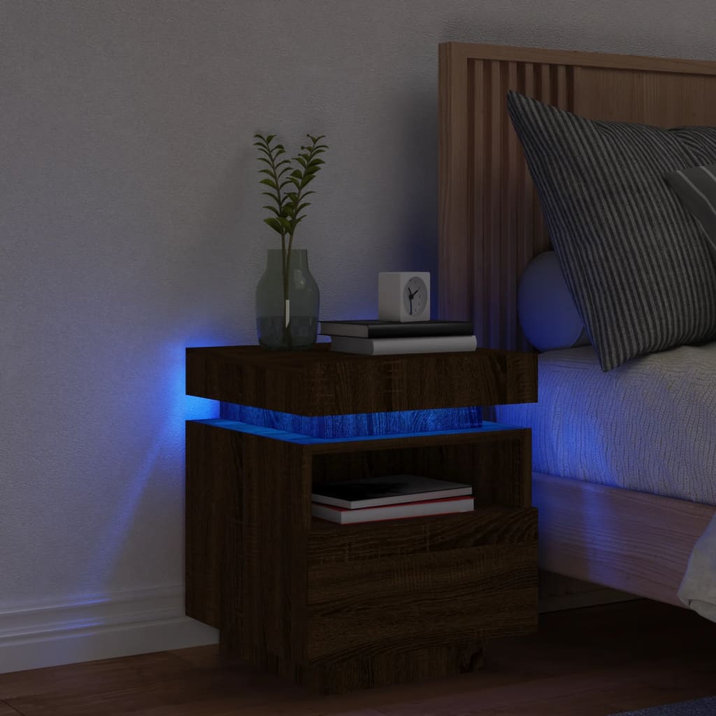 vidaXL Nočný stolík s LED svetlami hnedý dub 40x39x48,5 cm