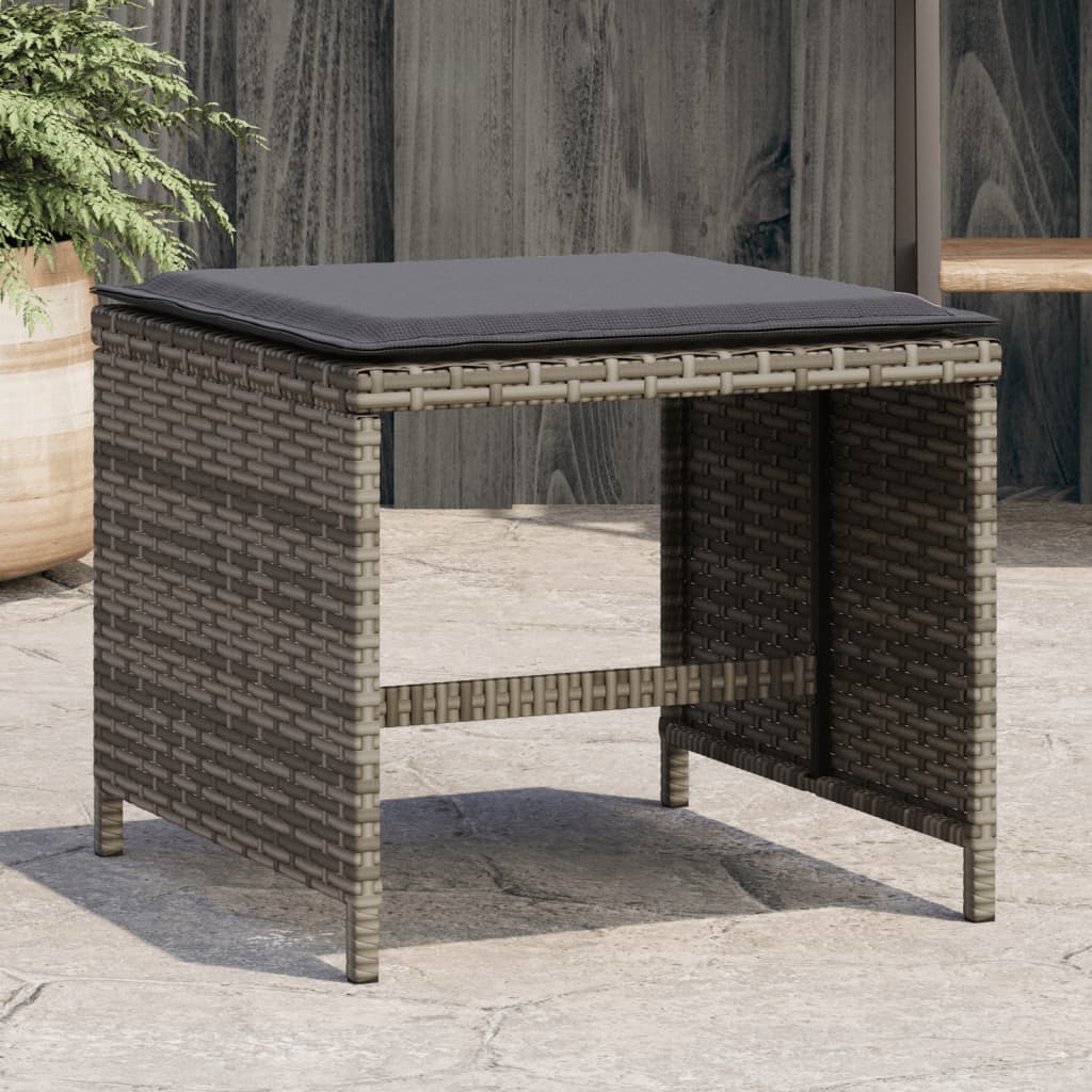 vidaXL Záhradné taburetky s vankúšmi 4 ks sivé 41x41x36 cm polyratan