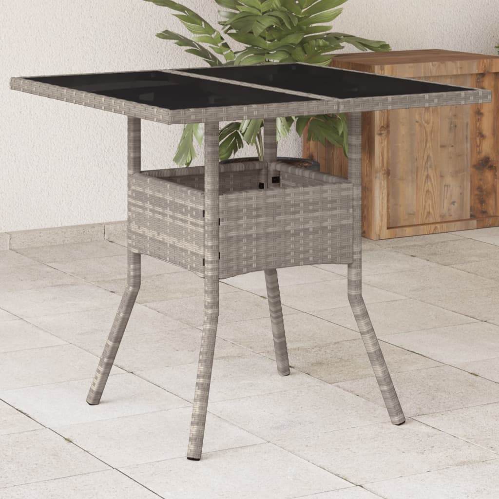 vidaXL Záhr. stôl so sklenenou doskou svetlosivý 80x80x75 cm polyratan