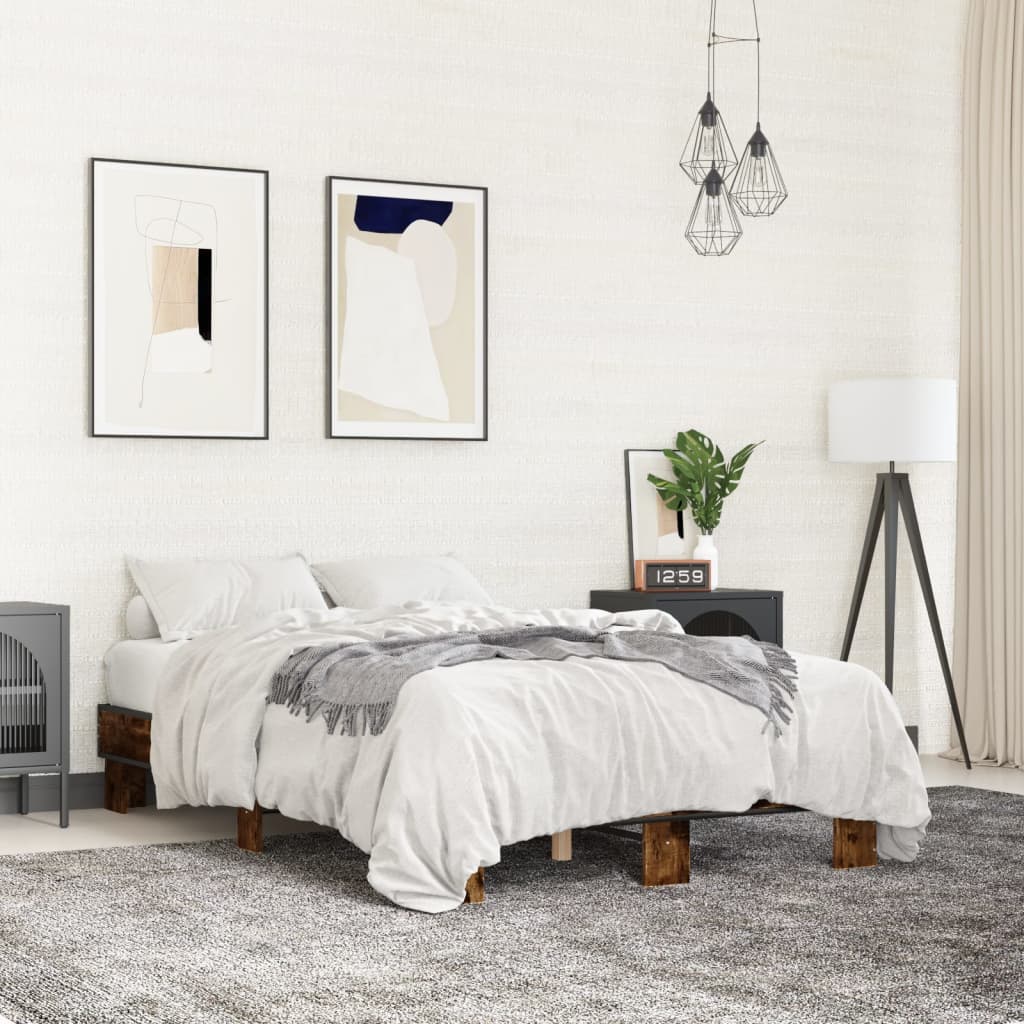 vidaXL Posteľný rám dymový dub 135x190 cm kompozitné drevo a kov
