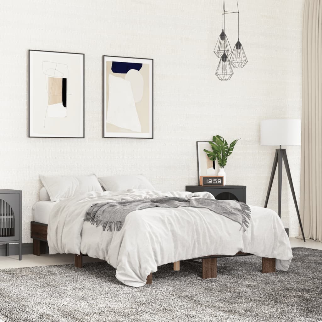 vidaXL Posteľný rám hnedý dub 135x190 cm kompozitné drevo a kov