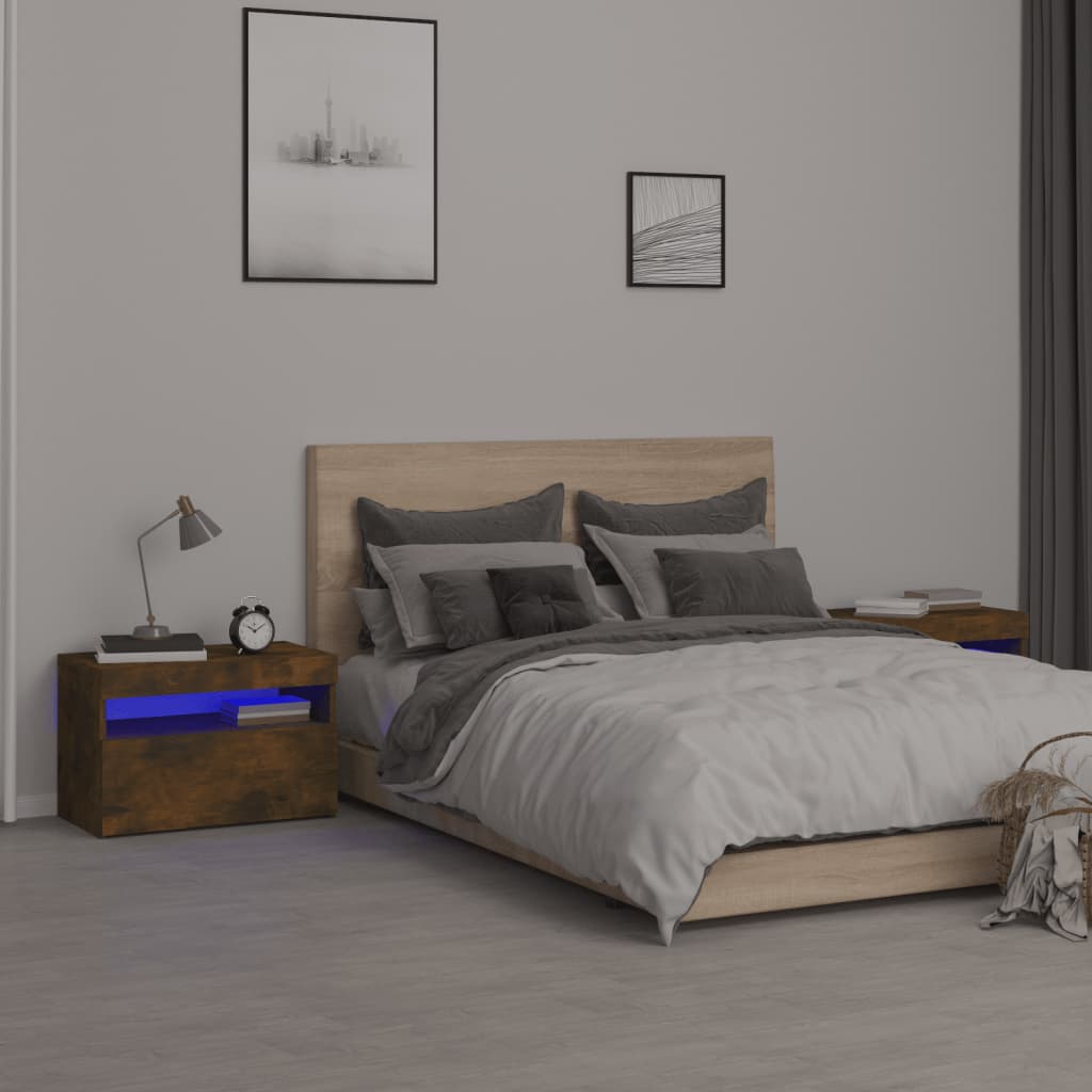 vidaXL Nočné stolíky s LED svetlami dymový dub 60x35x40 cm