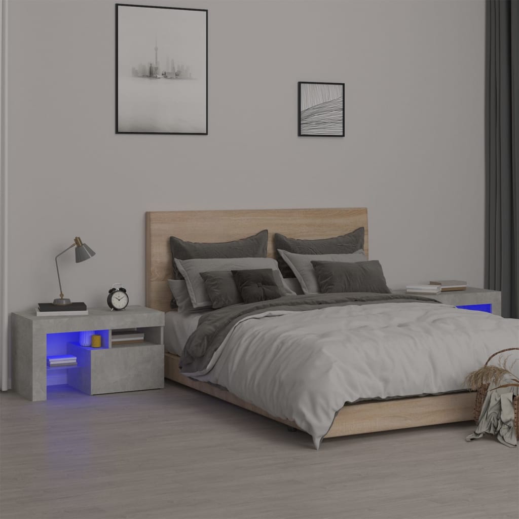 vidaXL Nočné stolíky 2 ks s LED svetlami betónové sivé 70x36,5x40 cm