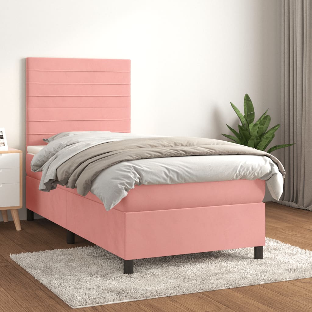 vidaXL Posteľný rám boxsping s matracom ružový 90x200 cm zamat