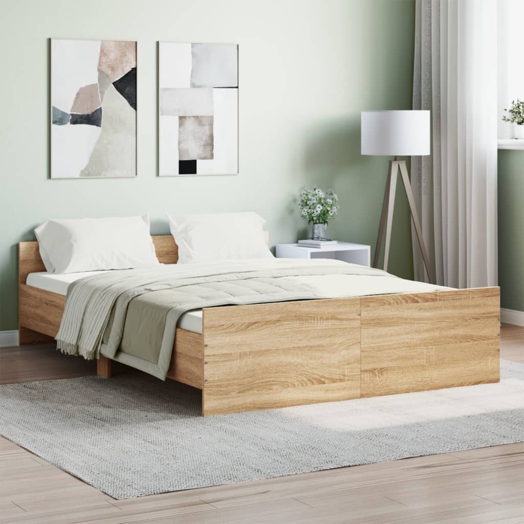 vidaXL Posteľný rám s predným a zadným čelom, dub sonoma 135x190 cm