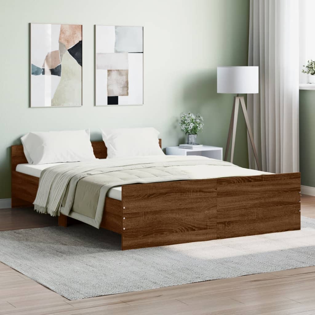 vidaXL Posteľný rám s predným a zadným čelom, hnedý dub 135x190 cm