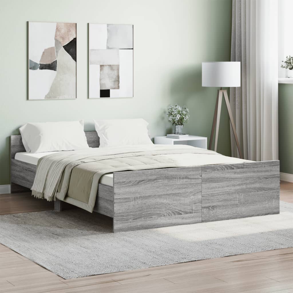 vidaXL Posteľný rám s predným a zadným čelom, sivá sonoma 135x190 cm