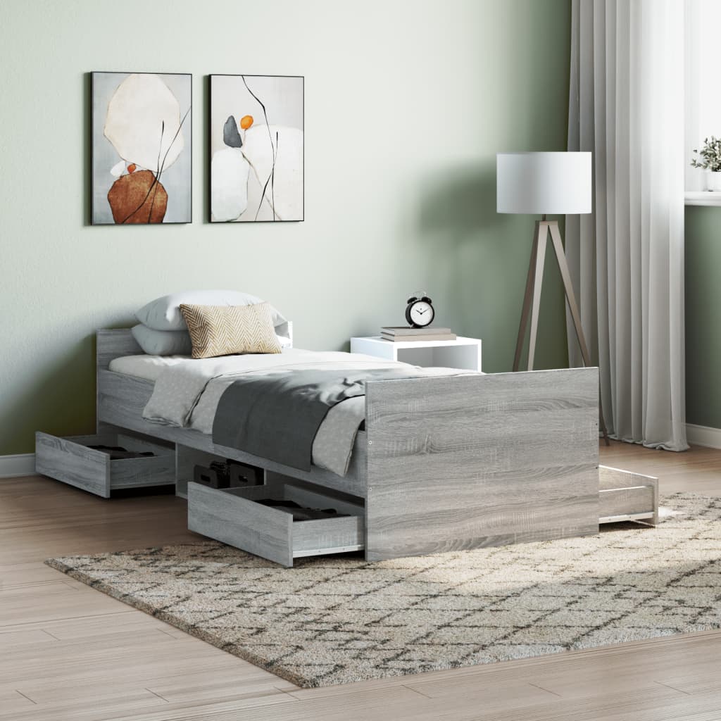 vidaXL Posteľný rám s predným a zadným čelom, sivá sonoma 75x190 cm