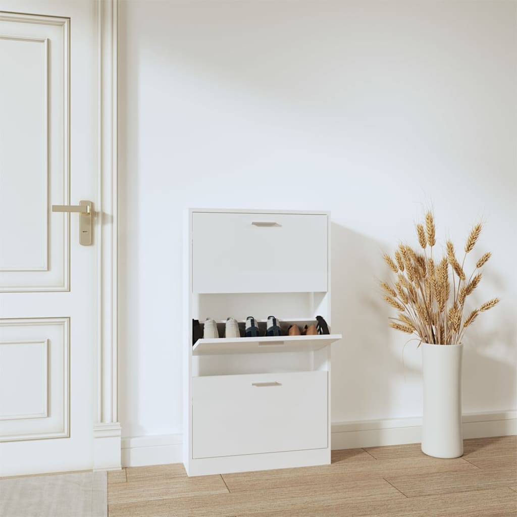 vidaXL Botník biela, vysoký lesk 59x17x108 cm spracované drevo