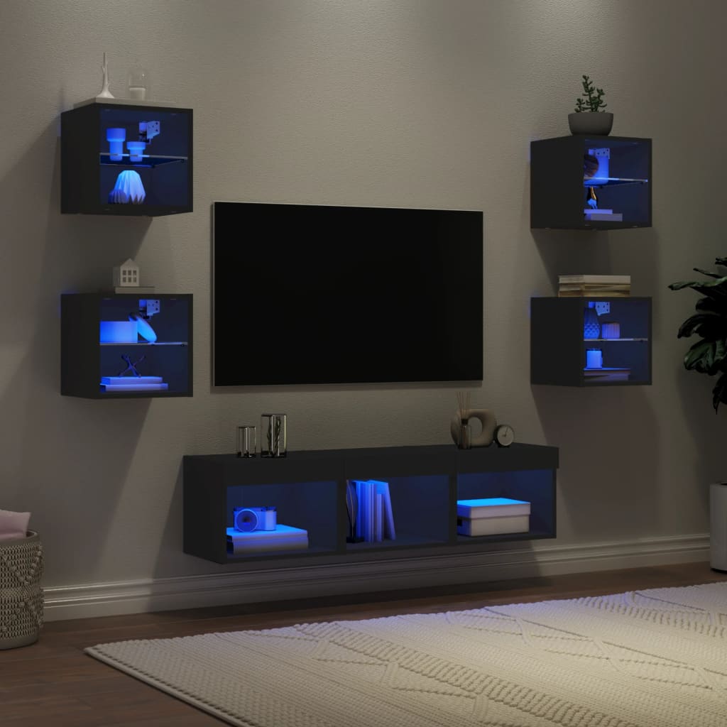 vidaXL 7-dielne TV nástenné skrinky s LED čierne kompozitné drevo