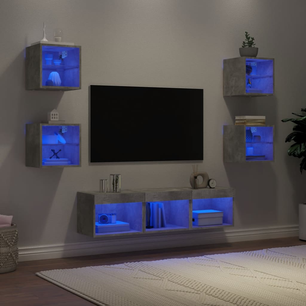 vidaXL 7-dielne TV nástenné skrinky s LED betónovo sivé kompozit.drevo