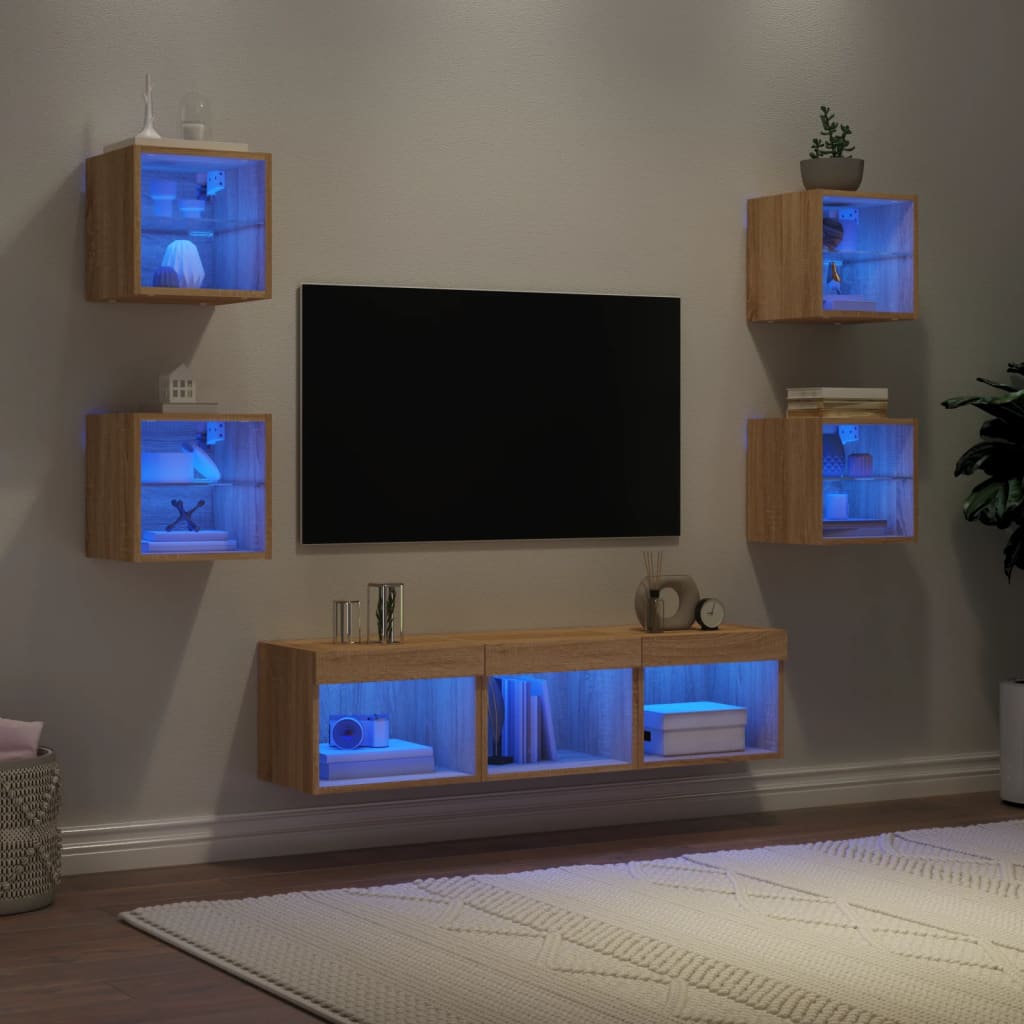 vidaXL 7-dielne TV nástenné skrinky s LED dub sonoma kompozitné drevo