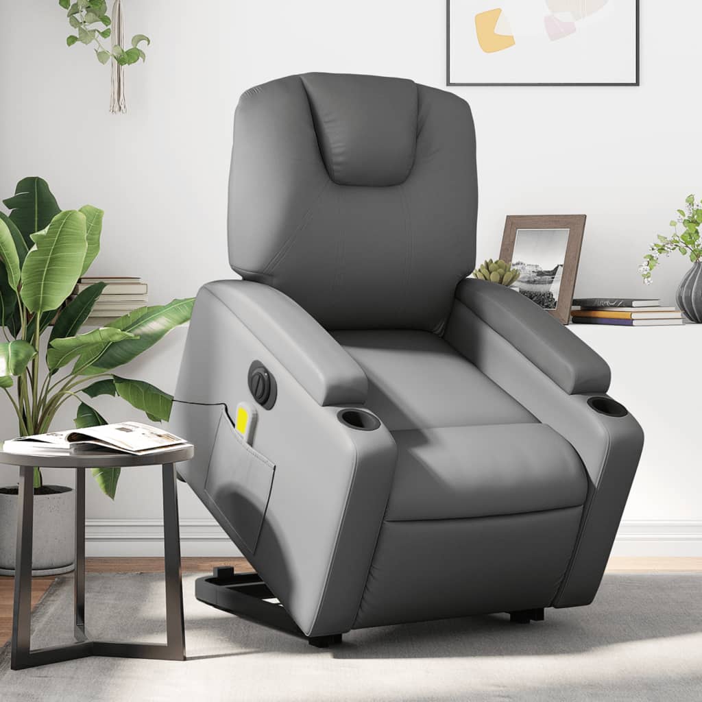 vidaXL Elektrické zdvíhacie masážne sklápacie kreslo sivé umelá koža