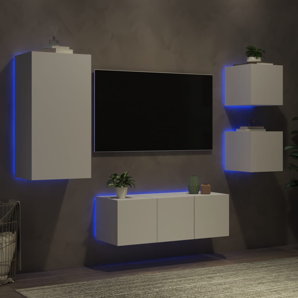 vidaXL 5-dielne TV nástenné skrinky s LED biele kompozitné drevo