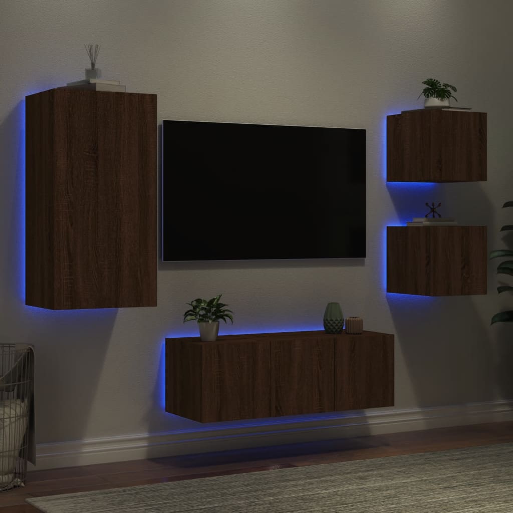 vidaXL 5-dielne TV nástenné skrinky s LED hnedý dub kompozitné drevo