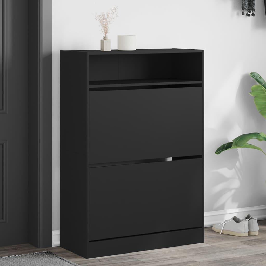 vidaXL Botník s 2 výklopnými zásuvkami čierny 80x34x116 cm