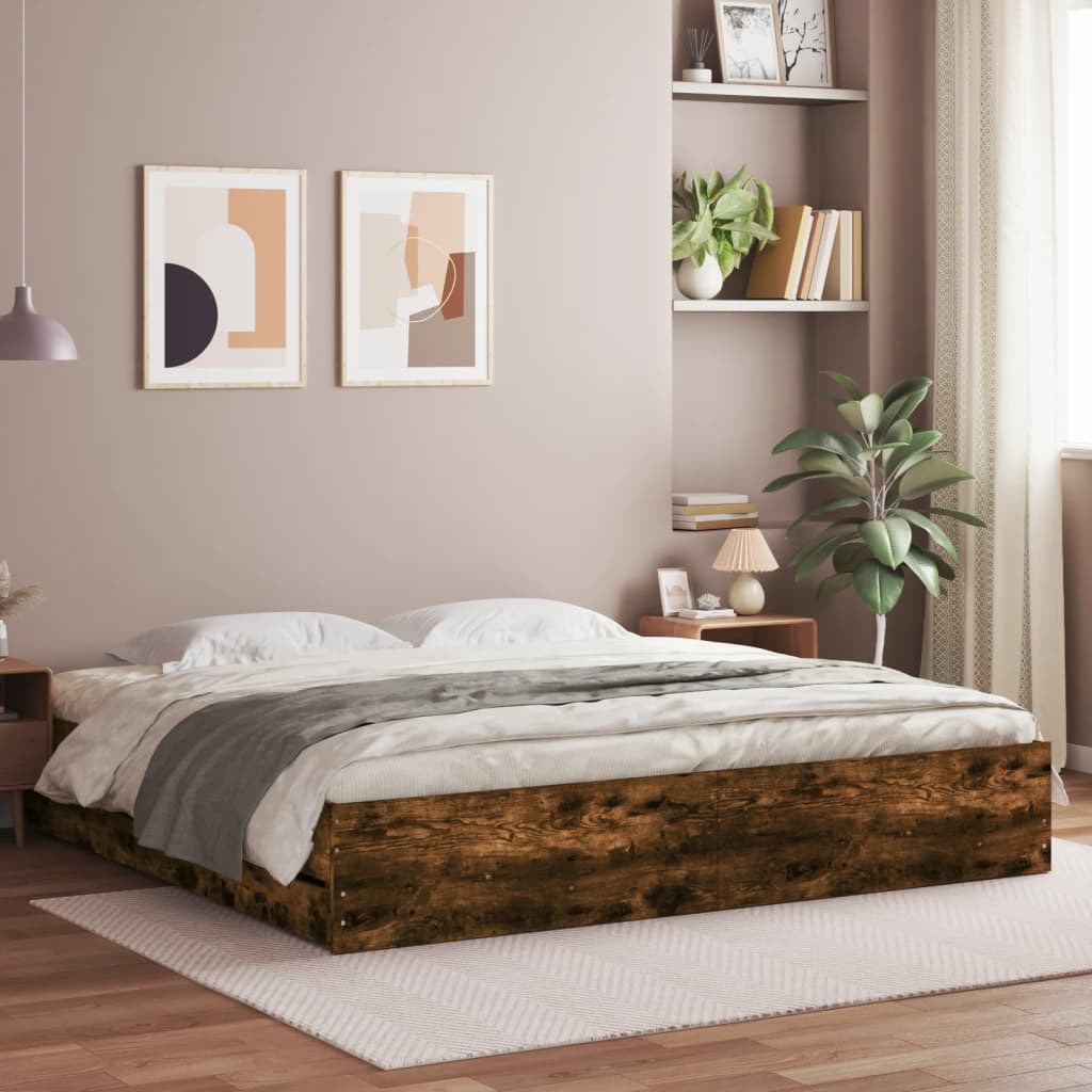 vidaXL Posteľný rám so zásuvkami dymový dub 200x200cm kompozitné drevo