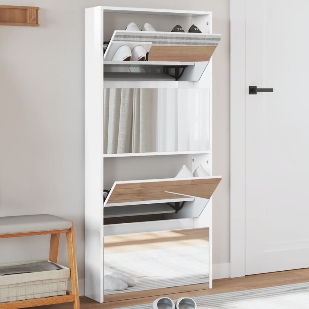 vidaXL Botník so zrkadlom 4-poschodový vysoký lesk biely 63x17x134 cm