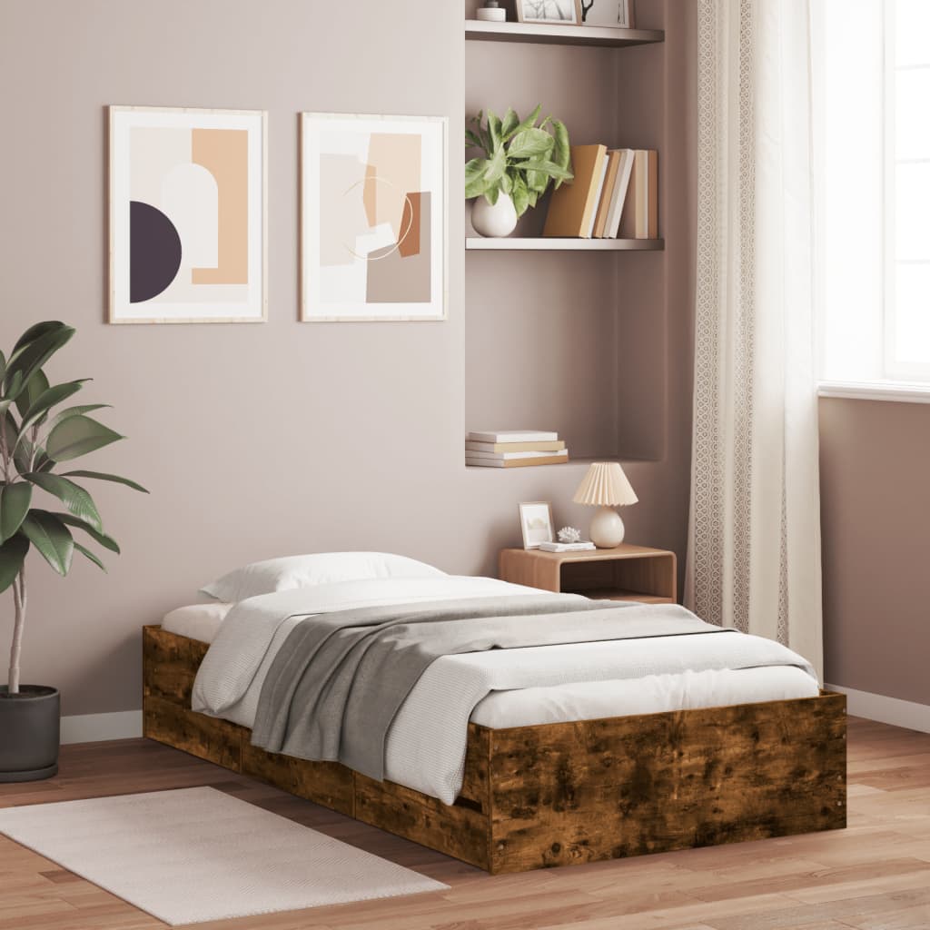 vidaXL Posteľný rám so zásuvkami dymový dub 100x200cm kompozitné drevo