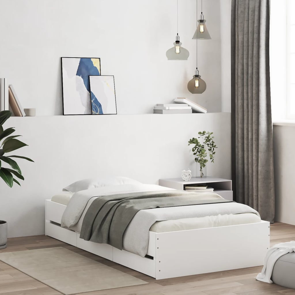vidaXL Posteľný rám so zásuvkami biely 100x200 cm kompozitné drevo